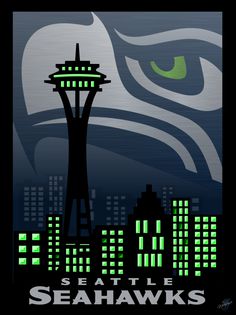 the seattle space needle logo is shown in green and black with an eagle on it's head