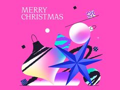 a christmas card with an ornament, star and other ornaments on it's pink background