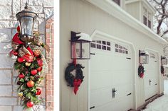 two photos side by side one has a christmas wreath and the other is a garage door