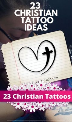 a woman with tattoos on her arm and the words 23 christian tattoo ideas in front of her