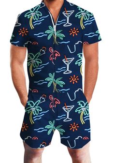 PRICES MAY VARY. True to US size, please check the size chart found your size for best fit. Feature: Personalized graphic printed men rompers, grandad collar, knee length cargo shorts and two side pockets. Great for casual,party,beach,vacation or night outing. It can make you fresh-faced and attractive. Premium metal zipper closure, shorts with Deep Side pockets that can keep all your personal items safe. 3D Graphic Printed Mens rompers slim fit, Short Sleeve, Casual Style, Comfortably. 3D print Male Romper, Summer Jumpsuit Short, Night Outing, Romper Men, Overall Pants, Zipper Jumpsuit, Romper Summer, Overalls Shorts, Vip Room