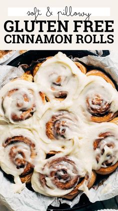 cinnamon rolls in a cast iron skillet with text overlay that reads, not & hollowy gluten free cinnamon rolls