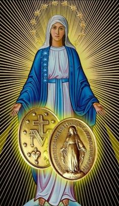 the immaculate mary with two gold coins in front of an image of jesus on a black background