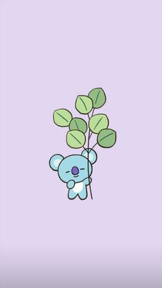 a small blue teddy bear holding a green leafy plant on a purple background,