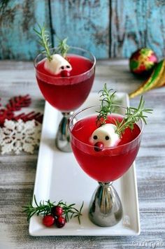 two glasses filled with red liquid and garnished with sprigs on top