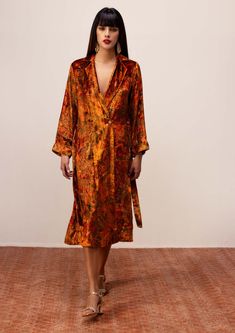 Reena Sharma-Rust Nargis Robe Dress-INDIASPOPUP.COM Abstract Floral Print, Rust Dress, Velvet Color, Signature Print, Indian Design, Handmade Clothes, Soft Velvet, Abstract Floral, Xl Dress