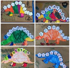 four pictures of different types of dinosaurs with numbers on them and the names of each dinosaur