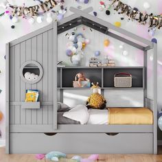 a child's bedroom with a bed, book shelf and toys on the floor