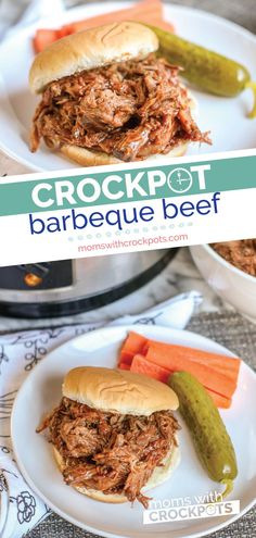 the crockpot barbecue beef sandwich on a plate with pickles and carrots