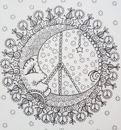 a drawing of a peace sign surrounded by flowers and stars on a white paper background