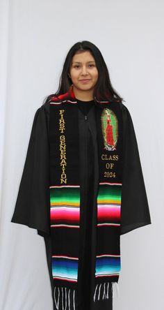 Show off your culture and roots during your graduation with our handcrafted sashes/stoles BLACK & WHITE: This Virgin Mary stole includes embroidery of the image of the Virgin Mary and FIRST GENERATION embroidery on the other side. BLACK & WHITE 2024: This Virgin Mary stole includes embroidery of the image of the Virgin Mary with 2024 and FIRST GENERATION embroidery on the other side. ROSES: This stole includes rose embroidery and FIRST GENERATION embroidery on the other side. CONGRATULATIONS CLASS OF 2024! Material: Mexican Sarape Textile Measurements: Length: 7 feet Width: 5 inches Traditional Embroidered Graduation Stole, Embroidered Black Graduation Stole, Multicolor Embroidered Graduation Stole, Mexican Sarape, Graduation Sash, First Generation, The Virgin Mary, Class Of 2024, Rose Embroidery