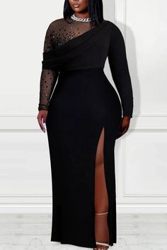 Plus Size Formal Maxi Dresses Black Fall Winter Crew Neck High Split Long Sleeve Mesh Patchwork See Through Knitted Maxi Dresses Formal Black Dress Long Sleeve, Plus Size Winter Dresses Formal, Plus Size Formal Black Dress, Long Sleeve Gala Dress, Velour Dress Outfit, Dresses For Black Tie Event, Black Formal Dress Plus Size, Purple Evening Dress Long, Plus Size Black Tie Event Dresses