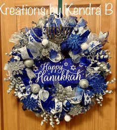 a hanukkah wreath is hanging on the front door