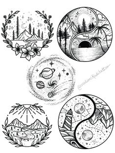 four different designs with trees and mountains in the background