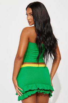 Available In Green. Skirt Set Tube Top Strapless Tie Front Detail Contrast Trim "Brazil" Graphic Mini Skirt Elastic Waistband Ruffle Detail Stretch 12" Length Disclaimer: Due To The Screen Printing Process A Difference In Saturation May Occur. Each Garment Is Unique. Self & Contrast: 95% Cotton 5% Spandex Imported | Brazil Love Story Skirt Set in Green size Medium by Fashion Nova Fitted Green Mini Tube Top, Green Fitted Mini Tube Top, Green Fitted Mini Length Tube Top, Graphic Mini Skirt, Green Skirt Set, Screen Printing Process, Top Strapless, Green Skirt, Matching Dresses