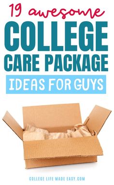 an open cardboard box with the words 19 awesome college care package ideas for guys on it