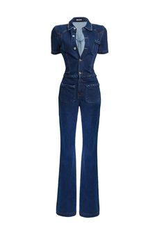 Short sleeve button down denim jumpsuit with a flare leg. Braided detailing across the waist and front pockets. Shown here in Deep Sea. 94% Cotton, 5% Lycra, 1% Elastane Made in China Model is 5'10" wearing size S Style No. 3765-18 Jean Jumpsuit Outfit, Jumpsuit Jean, Jumpsuit Jeans, Denim Jumpsuit Outfit, Denim Bodysuit, Jean Jumpsuit, Jumpsuit Denim, Shirt Jumpsuit, Classy Jumpsuit