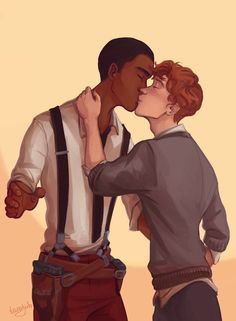 two people are kissing each other while one is wearing suspenders and the other has red hair