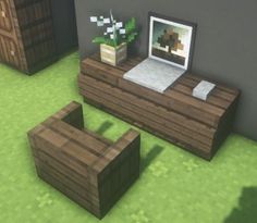 a living room with furniture made out of wood