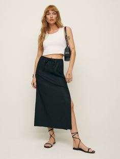 Elsa Linen Skirt - | Reformation Linen Skirt Outfit, Black Linen Skirt, Linen Midi Skirt, Midi Length Skirts, Black Midi Skirt, Linen Skirt, Skirt Outfit, Black Linen, Open Cardigan