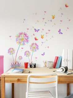 a desk with two chairs and a white chair in front of a wall decorated with butterflies