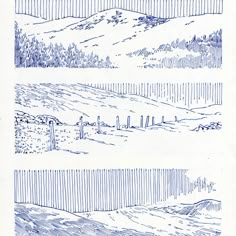 three different views of mountains and hills in blue ink on paper, each with a line drawing