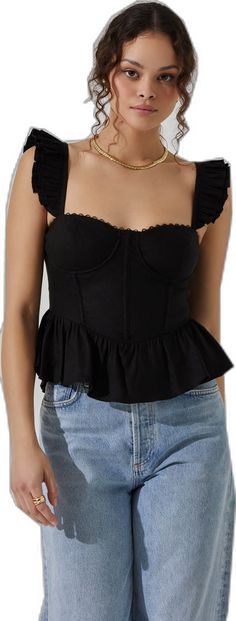 Chic Tops With Lace Trim And Ruffled Straps, Black Ruffle Square Neck Top, Spring Flirty Ruffled Corset, Feminine Fitted Tops With Ruffled Straps, Flirty Fitted Top With Ruffles, Fitted Lace Trim Peplum Top, Black Ruffled Cami Top, Black Ruffle Cami Top, Spring Sleeveless Ruffled Corset