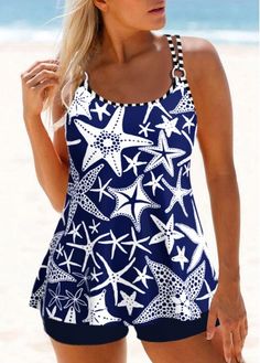 Color:Navy;Size:S;Size:M;Size:L;Size:XL;Size:XXL;Package Contents:1 X Tankini Top , Without Bottom;Occasion:Sport; Best Plus Size Swimwear, Modest Tankini, Plus Size Tankini, Trendy Swimsuits, Printed Tankini, Swimwear Tankini, 2 Piece Swimsuits, Tankini Set, Round Neck Tops