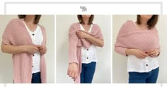 three pictures of a woman wearing a pink knitted shawl and buttoned shirt