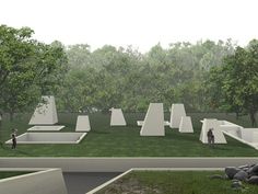 an artist's rendering of a park with trees and people in the grass, surrounded by concrete structures