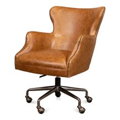 a brown leather office chair with casteors and wheels