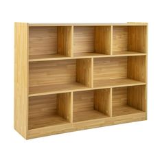 an empty wooden shelf with six compartments