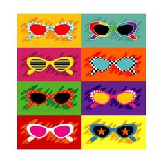 six colorful sunglasses with different shapes and colors on them, all in the same color scheme