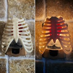 two different types of lights in the shape of ribs and rib cages on a brick wall