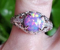 Fabulous Favorite Lavender Purple Multicolored Fire Lab Created Opal, 8mm Round, 925 Sterling Silver Vintage Style Filigree Ring With Cubic Zirconia Trim, Velvet Ring Box Included. Great Gift! Elegant Pink Opal Sterling Silver Ring, Elegant Pink Opal Ring In Sterling Silver, Pink Sterling Silver Opal Ring For Anniversary, Pink Opal Ring In Sterling Silver For Anniversary, Silver Solitaire Opal Ring Gift, Elegant Sterling Silver Opal Ring, Purple Opal Ring Gift, Purple Opal Promise Ring, Birthstone Colors Chart