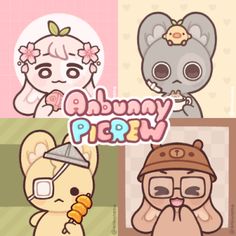 an image of some cute animals with different expressions on their faces and the words bunny party