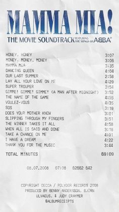 the movie sound track sheet for mamma mia