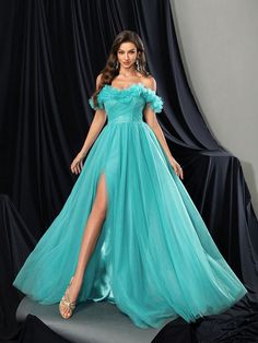 Women's Off-Shoulder High Slit Elegant Turquoise Formal Dress Green Party  Sleeveless Woven Fabric Plain A Line Non-Stretch  Weddings & Events, size features are:Bust: ,Length: ,Sleeve Length: Cyan Quinceanera Dresses, Turquoise Formal Dress, Formal Dress Green, Mint Blue Dress, Teal Blue Dress, Turquoise Dress, Fashion Designing, Teal Dress, Vestidos Prom