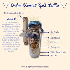 A beautiful spell bottle to add to your elemental magic. Call in the element of water and infuse the energy of this element into your intention setting. Water Spells Magic, Fire Element Spell Jar, Witchcraft Water, Money Oil Recipe, Water Magick, Water Spells, Money Oil, Element Of Water, Witches Jar