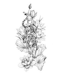 a drawing of a tiger in the middle of flowers