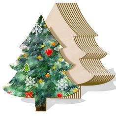 a wooden christmas tree with decorations on it