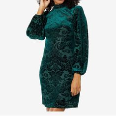 Velvet Burnout High Neck Ruffle T-Body Shift With Voluminous Long Sleeve Boat Neck Midi Dress, Burnout Fabric, Green Velvet Dress, Velvet Burnout, Vince Camuto Dress, Paisley Print Dress, Floral Sheath Dress, Women Long Sleeve Dress, Form Fitting Dress