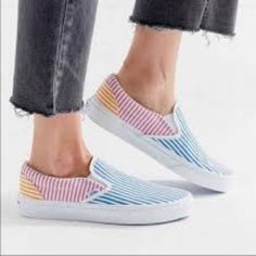 New In Box! Vans Classic Slip-On Shoe With Tri-Color Stripe Panels And Blue Waffle Shoes Vans Slip-on Sneakers For Spring, Vans Slip-ons With Round Toe For Spring, Casual Striped Sneakers For Spring, Blue Low-top Slip-ons For Spring, Casual Striped Low-top Sneakers, Vans Blue, Shoes Vans, Vans Classic Slip On, Vans Classic