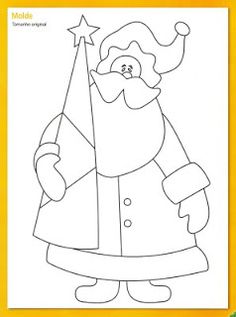 santa claus holding a christmas tree with his hand in the air, coloring page for kids