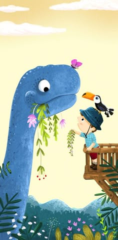 a boy is looking at a blue dinosaur with a bird perched on it's head