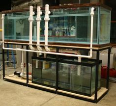 a large fish tank sitting on top of a wooden shelf next to a wall with pipes