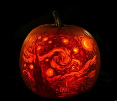 a pumpkin carved to look like the starry night