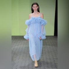 Never Worn, Rare Runway Piece From The Stine Goya Spring 2019 Collection. Off The Shoulder Ribbon-Tie Straps That Are Adjustable, Long Sleeves, And Sparkly Details. Spring One-shoulder Gown With Ruffles, Blue Summer Gown With Ruffles, Spring Blue Gown With Ruffles, Blue Ruffled Gown For Summer, Blue Gown With Ruffles For Summer, Spring Sheer Evening Gown, Off-shoulder Evening Gown For Spring, Blue One-shoulder Spring Gown, Blue One-shoulder Gown For Spring