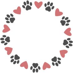 heart shaped paw prints in the shape of a circle with red and black hearts on white background