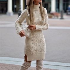 vestido suéter feminino vestido de inverno vestido casual vestido midi bege manga longa cor pura estampa de malha inverno outono gola alta vestido casual outono 2023 s m l xl xxl de 2023 por € 57.99 Loose Knit Dress, Cotton Knitting, Long Sleeve Turtleneck Dress, Knitted Jumper Dress, Sweater Dress Casual, Split Hem Dress, Cable Knit Sweater Dress, Vogue Knitting, Winter Chic